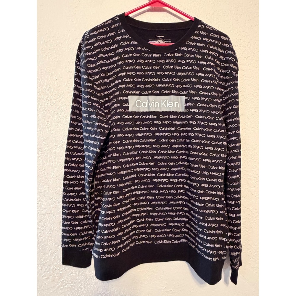 Calvin Klein Mens Black All Over Logo Print Crew Neck Sweatshirt Medium